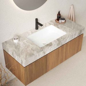 48 Inch Floating Light Gray Sintered Stone Countertop Wall-Mounted Bathroom Vanity with Sink Drawer and Doors