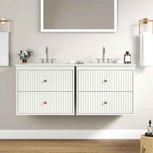 24'' White Bathroom Vanity Sink Cabinet with 2 Fluted Drawers Wall Mounted Storage Combo Set
